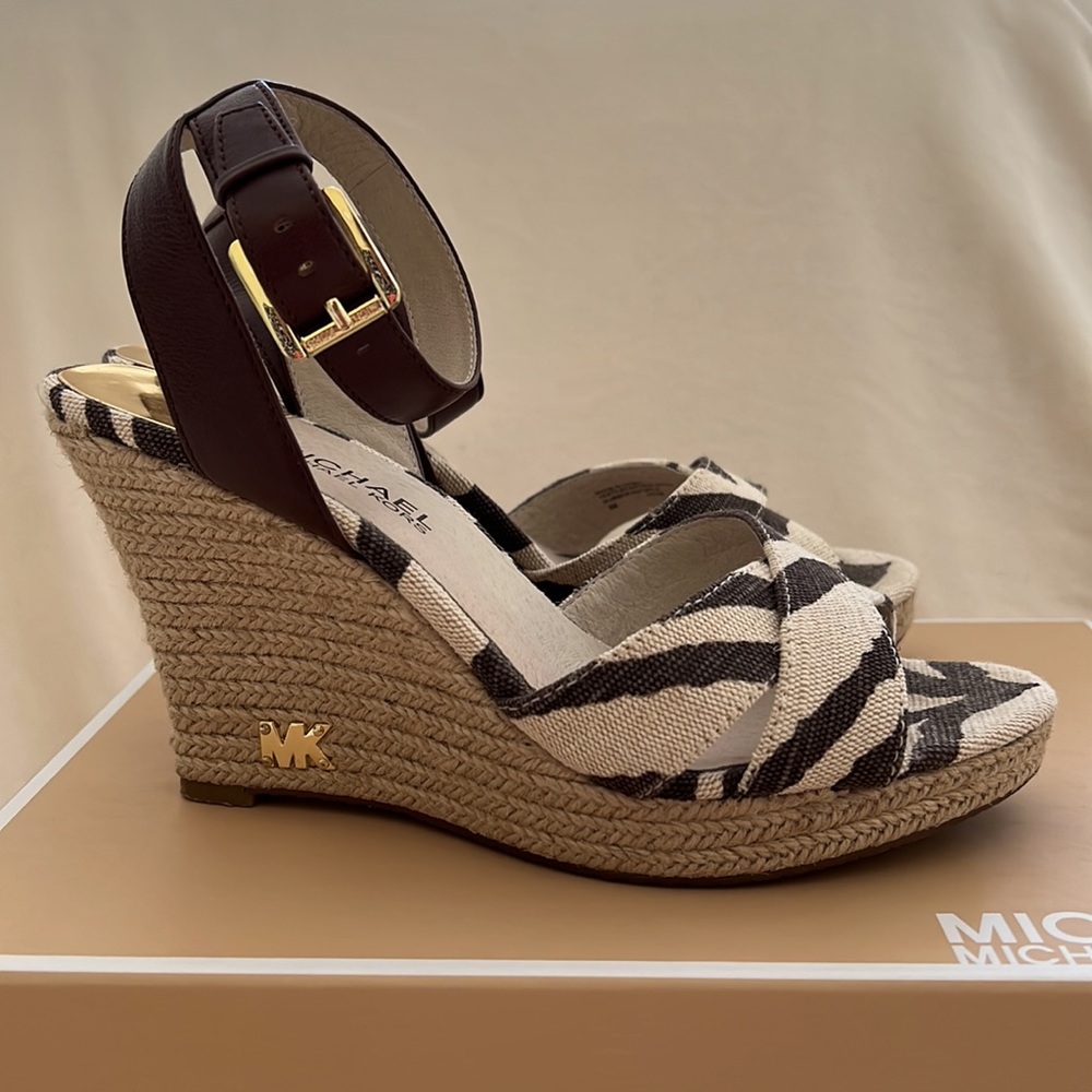 MICHAEL Michael Kors Beige and Dark Brown Wedge Sandals - Picture 6 of 10